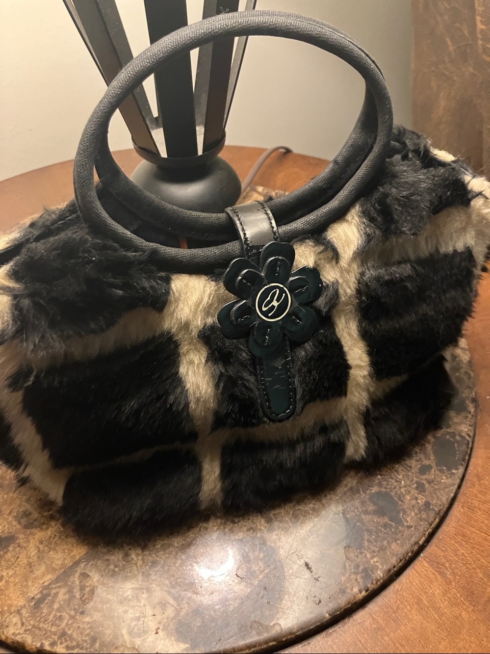Black and Cream Faux Fur Flower-Accent Handbag